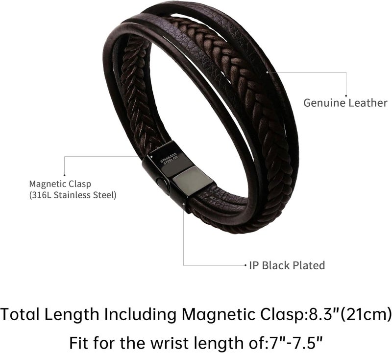 Murtoo Mens Leather Bracelet with Clasp Cowhide Multi-Layer Braided Leather Mens Bracelet - Image 2